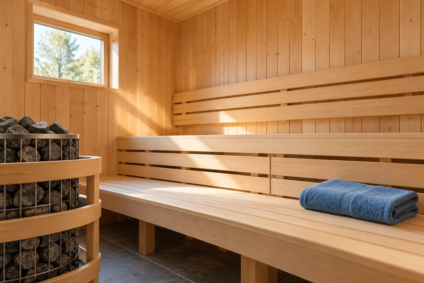 Jasna, pusta sauna z drewnianymi ławkami i kamiennym piecem.