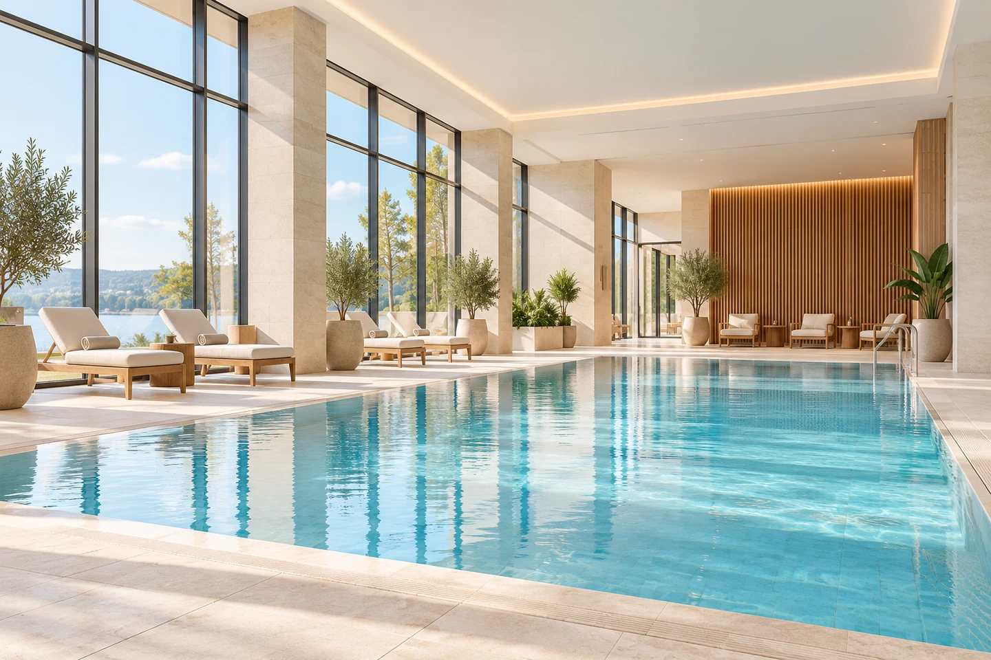 Jasny hotelowy basen z błękitną wodą i dużymi oknami.