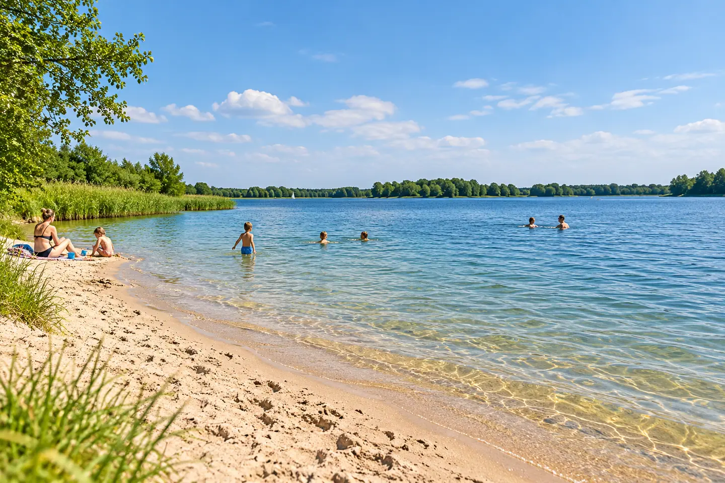 Een recreatiemeer met een zandstrand en bezoekers aan het water