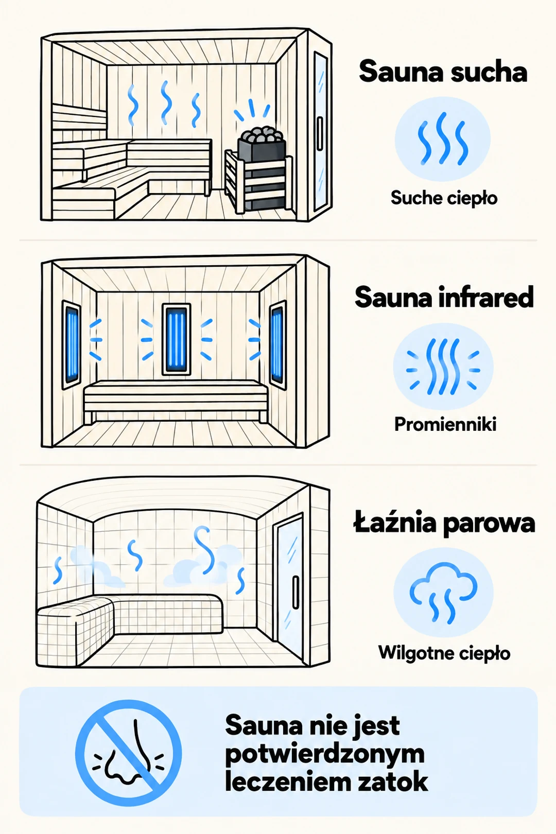 Porównanie sauny suchej, infrared i łaźni parowej oraz informacja, że sauna nie jest potwierdzonym leczeniem zatok.