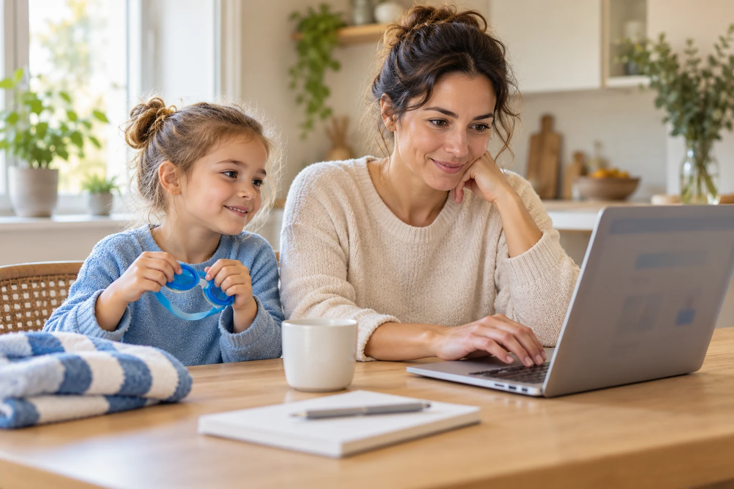 Een ouder vult thuis een zwemlesaanmelding in op een laptop.