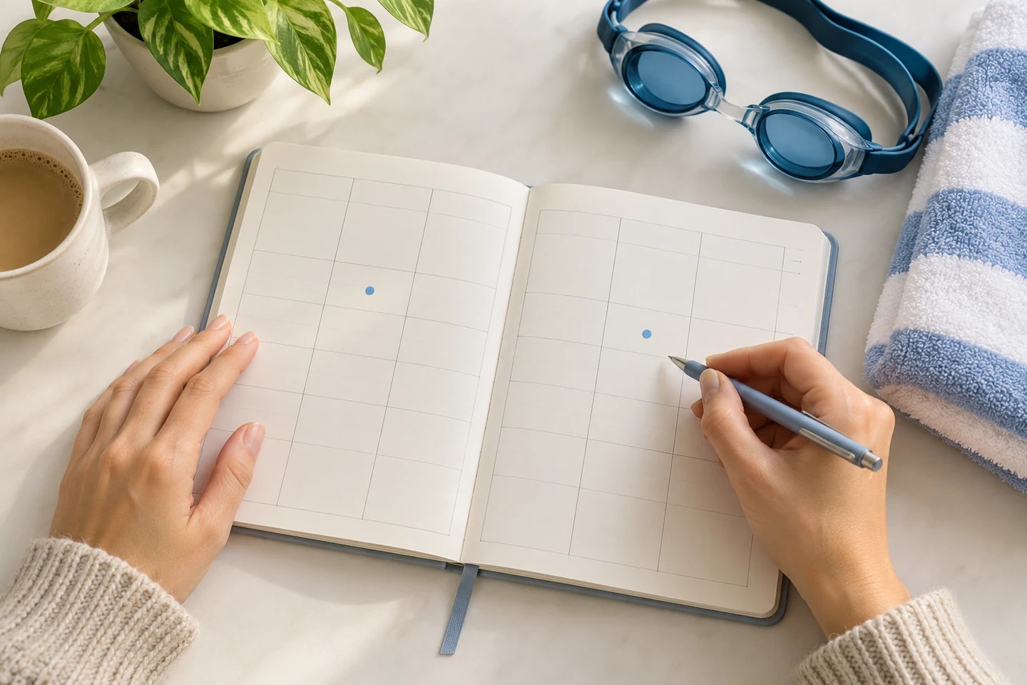 Een lege weekplanner met twee blauwe markeringen, een zwembril en een handdoek.