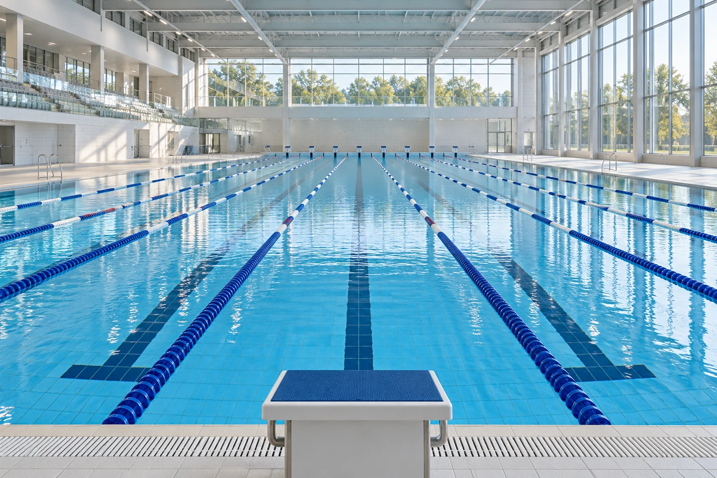 Overdekt wedstrijdbad met lange banen en rustig blauw water.