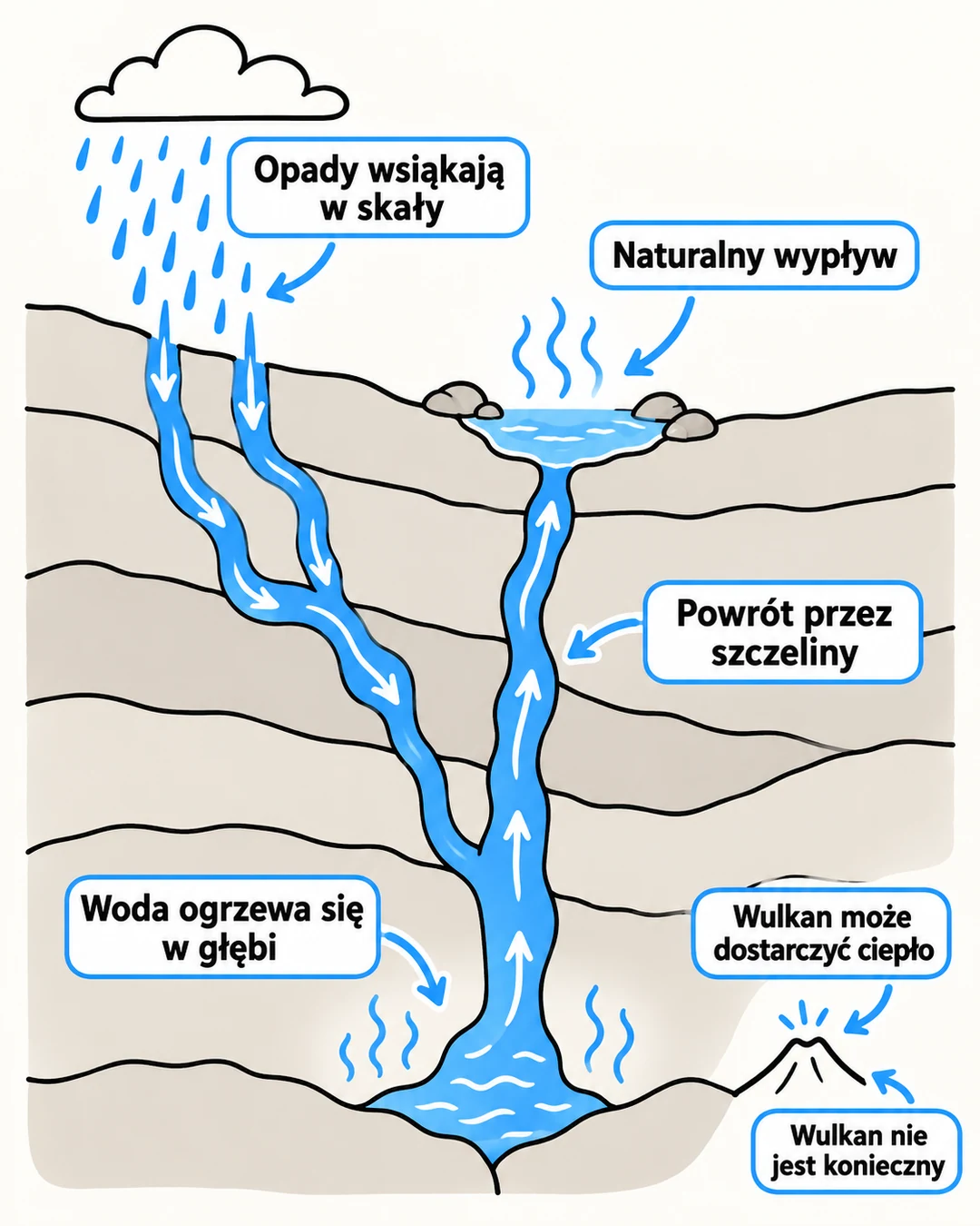 Schemat drogi wody od opadów, przez ogrzanie w głębi skał, do naturalnego wypływu