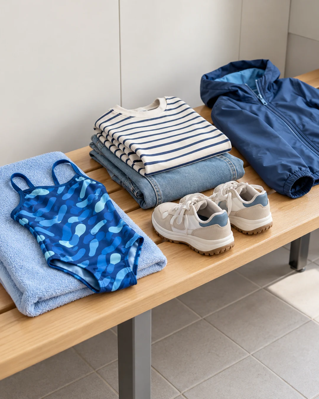 Kleding met lange mouwen, een broek en schoenen liggen naast zwemkleding klaar.