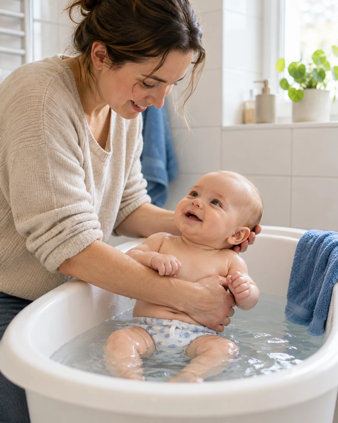 Een ouder ondersteunt een baby in een klein bad thuis.