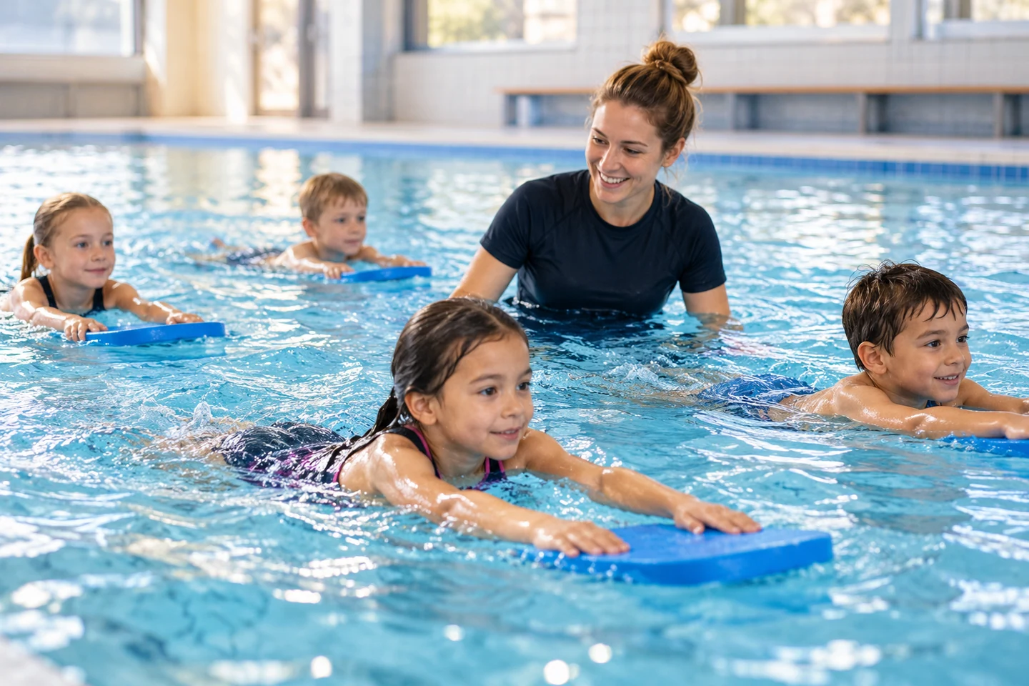 Kinderen oefenen met een zweminstructeur in een binnenbad.